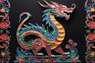 Fototapeta premium Traditional Chinese dragon paper cut on black background. Symbol of the year 2024 digital art. Generative AI