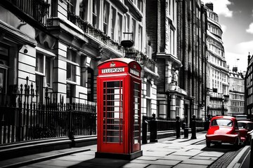 A classic red telephone booth standing alone on a busy London street. - obrazy, fototapety, plakaty
