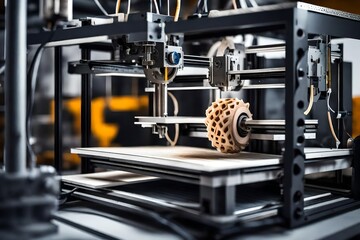 A close-up of a 3D printer creating a complex industrial prototype
