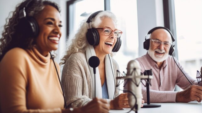 Seniors from different cultures record a podcast together, wearing headphones and sharing stories on one microphone.