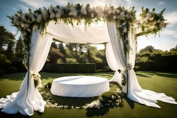 A garden gazebo draped in white fabric for a wedding ceremony