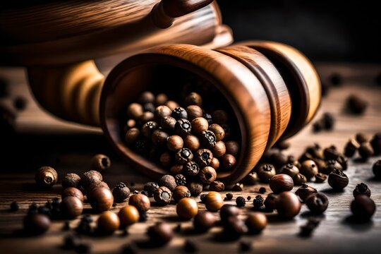 A close-up of a wooden pepper grinder releasing fragrant peppercorns.