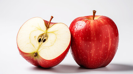 One apple had water droplets on its surface and one apple that was cut in half. Placed on a white background.