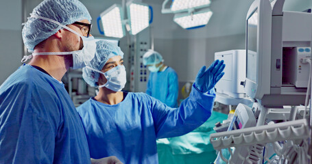Hospital, doctor and patient monitor for surgery, operating room and setting machine. Operation,...