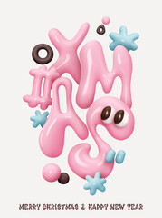 Xmas pink poster and banner. Xmas text lettering in cartoon 3d plastic style. Vector illustration