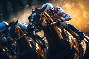Horse racers are riding their horses, competing fiercely. in the horse racetrack