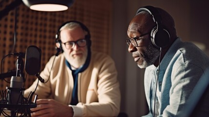 A duo of elderly men, wearing headphones, chatting away into microphones, capturing their shared stories on a lively podcast.