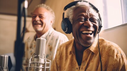 Two smiling seniors, headphones and microphones, enjoying a lively podcast conversation, connecting through shared experiences. - obrazy, fototapety, plakaty