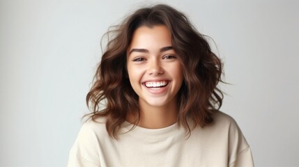 Fototapeta premium A smiling young girl showcases her youthful charm in a studio environment.