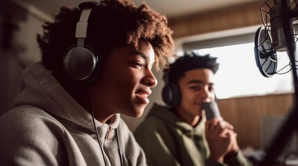 Students in a studio, recording a lively podcast.