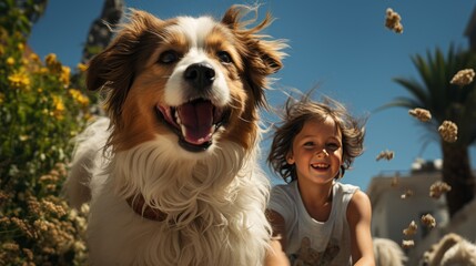 Spain kid play with pet dogs, showing the love between people and pets. The front lawn on a clear day with a blue sky
