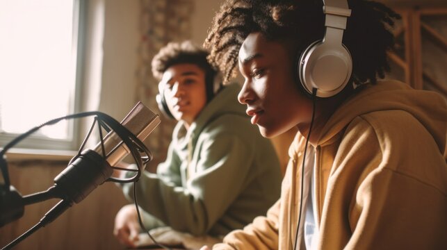 Boys with headphones talk into a microphone, podcasting.