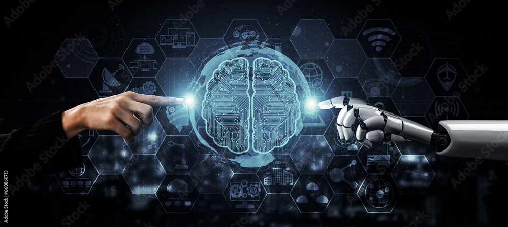 Poster 3d rendering artificial intelligence ai research of robot and cyborg development for future of peopl