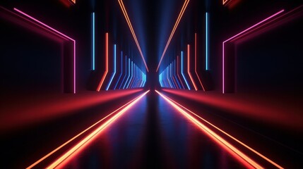 3D rendering, minimalistic geometric background with an abstract design. Colorful neon arrows converging, linear sign, road extending.