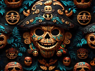 Rolgordijnen Schedel Ancient wooden pirate 3d emoji with black background 