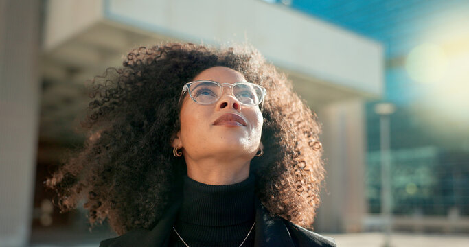 Face, Vision And Wind With A Business Black Woman In The City For Growth, Opportunity Or Inspiration. Thinking, Street And Smile With A Happy Young Employee Looking Around An Urban Town For Ideas