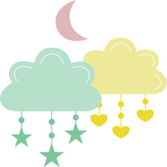 Boho Wolken mit Mond und Sternen mit transparentem Hintergrund 