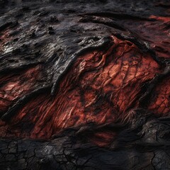  aerial shot from above, closeup, textural, macro, charred and burnt leather with red molten details