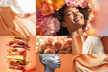 A mood board featuring a collection of images in trendy apricot colors. - obrazy, fototapety, plakaty