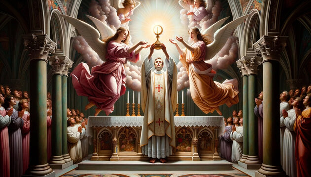 Elevation of the Host by a Catholic Priest: Witnessing the Consecrated Bread Transformed into the Body and Blood of Christ in the Holy Mass with Angelic Presence.
