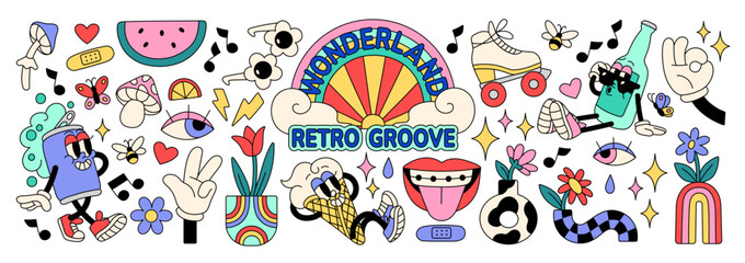Retro stickers, vintage badges in groovy style set. Funky flowers, rainbow, summer vibe 70s, 60s. Hand gesture: ok, peace. Psychedelic bottle, can with eyes. Flat isolated vector illustration on white