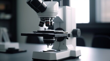 Microscope on the table in laboratory, Science research technology