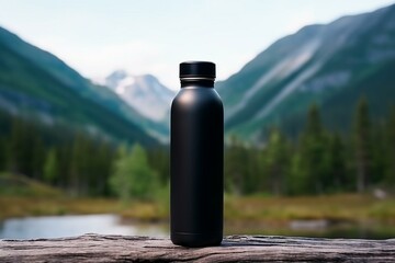 Sleek metal bottle in black. Empty cam mockup for travel. Clear flask with liquid for hiking or alpinism. Generative AI - obrazy, fototapety, plakaty