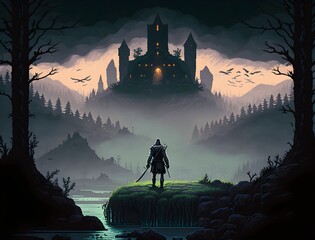 A lone leather armor wearing elf approaches a sinister swamp fortress pale moon illuminates the scenery through drifting mist 16bit Sierra adventure game pixelart theme2  - obrazy, fototapety, plakaty