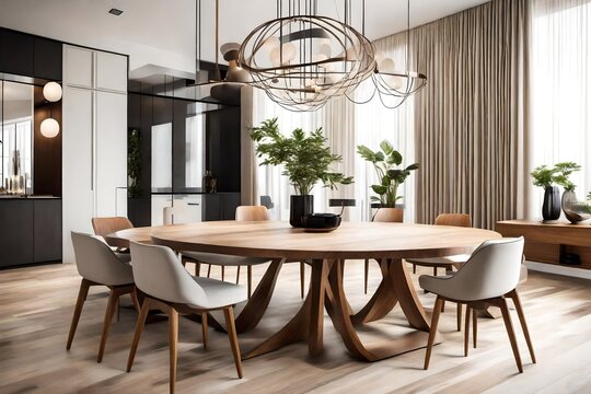 A minimalist wooden dining table surrounded by stylish chairs in an elegant dining room.