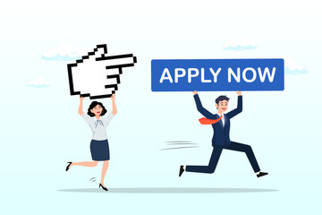 Businessman holding apply now button and businesswoman with mouse pointer to click, apply new job online, career opportunity or employment vacancy, job application or opening position (Vector)