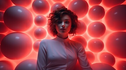 Red Neon Glow and Serene Expression"
Description: "A serene model against a backdrop of glowing red spheres, creating a 