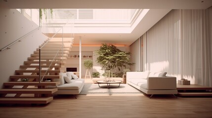 interior home with minimal furnishings and decor light wood floor, stairs, sofa chair, white walls