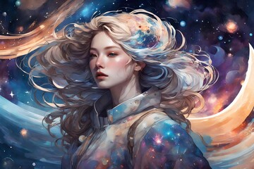 A half-body model in a celestial-inspired outfit, with cosmic elements and a background of swirling galaxies.