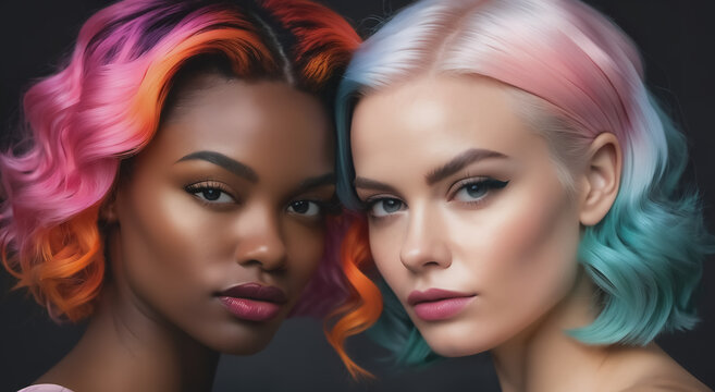 Close Up Portrait Of Two Women With Multicolored Hair, Friends With Different Skin Colors