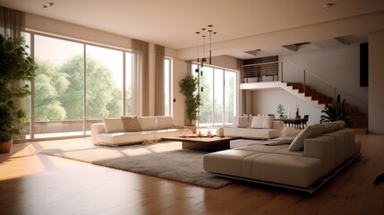 interior home with minimal furnishings and decor light wood floor, stairs, sofa chair, white walls