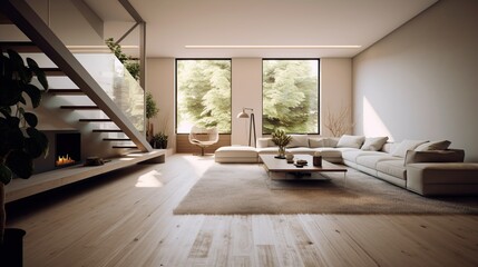 interior home with minimal furnishings and decor light wood floor, stairs, sofa chair, white walls