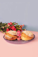 Maritozzo decorated with flowers, advertising layout