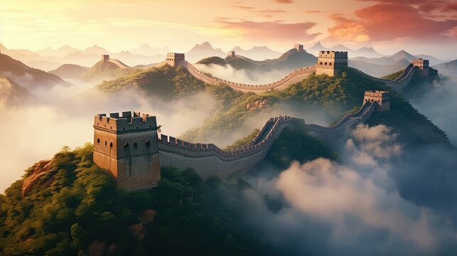 The Great Wall of China at dawn ultra realistic illustration - Generative AI.