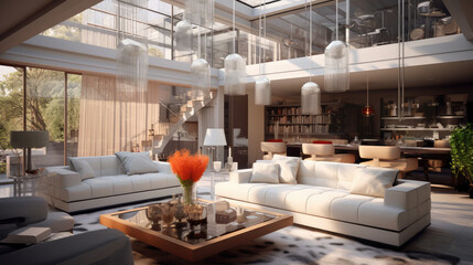 modern living room in a a modern apartment with large windows