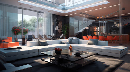 modern living room in a a modern apartment with large windows