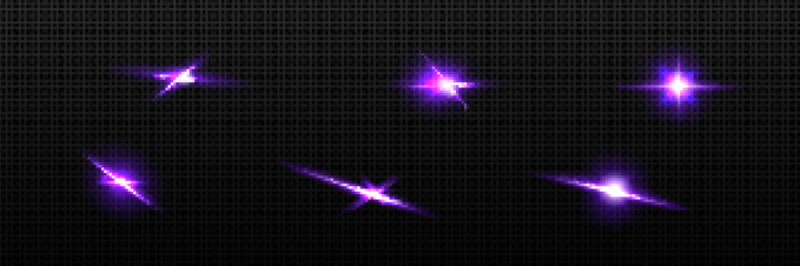 Purple star light flare vector twinkle glow effect. Bright camera flashlight glitter spark. Isolated glimmer halo element. Optical disco shiny glitz. Abstract flicker particle with violet dazzle beam - obrazy, fototapety, plakaty