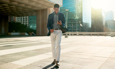 Business man, winner and phone in city for success, reading news or feedback of job opportunity or...