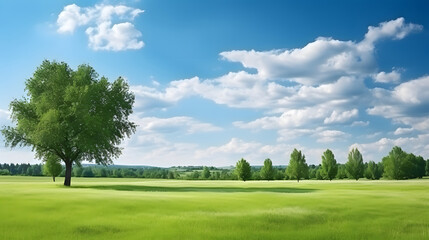 Fototapeta premium Landscape view of green grass on slope with blue sky and clouds background.. natural scenic panorama green field 