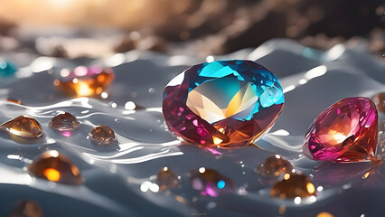 colorful crystal and diamonds flow in the river of milk - obrazy, fototapety, plakaty