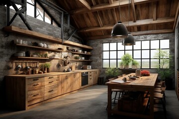 Obraz na płótnie Canvas a rustic kitchen with wooden and concrete elements. Generative AI