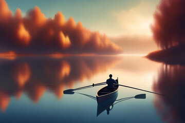 Fisherman in a boat on the lake at sunrise. Generative AI