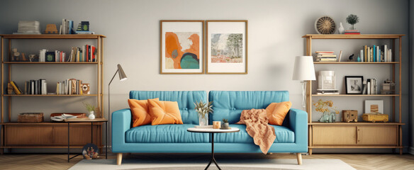 a sofa and bookshelf in a blue living room