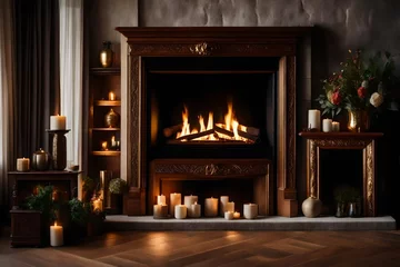 Stickers pour porte Texture du bois de chauffage A cozy fireplace with a mantel, adorned with family photos and decorative vases.