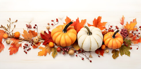 Photo of a festive fall centerpiece with a variety of pumpkins on a white wooden table