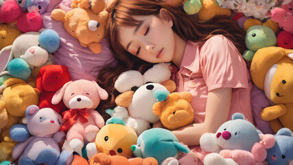A girl is surrounded by dolls as she sleeps.